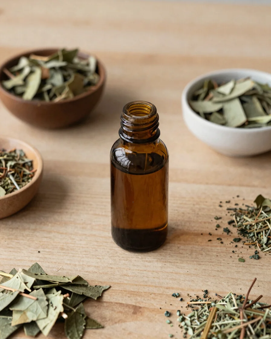 Editorial botanical product photography, soft diffused daylight, muted herbal greens and warm neutrals. Overhead still l
