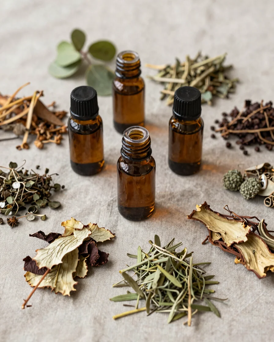 Overhead editorial still life of Ayurvedic herbal tinctures and d